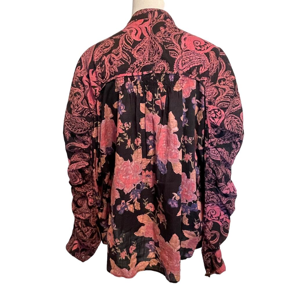 Free People Maraya Top Womens Size Large Black Combo Mixed Floral Puff Sleeves - Picture 5 of 11